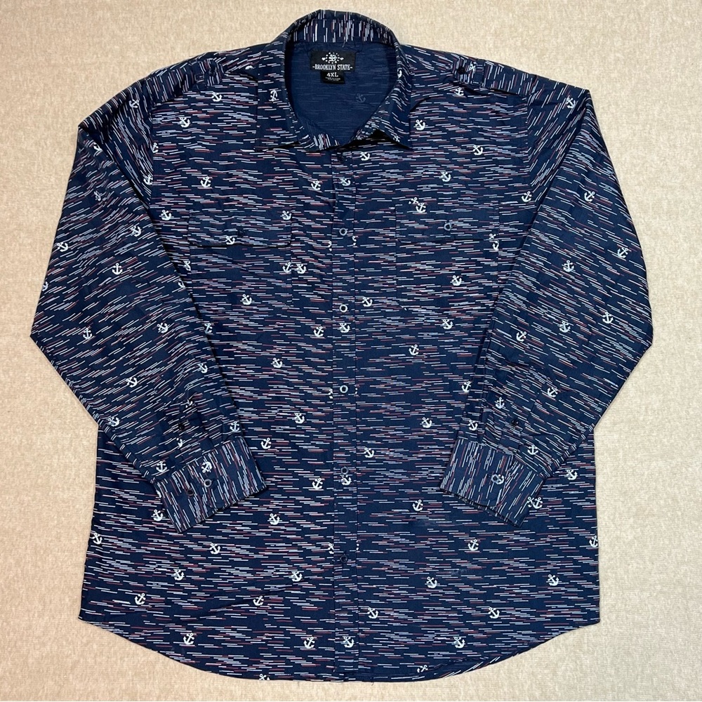 Brooklyn State Long Sleeve Button Up shirt blue red & white anchors mens Sz.4X